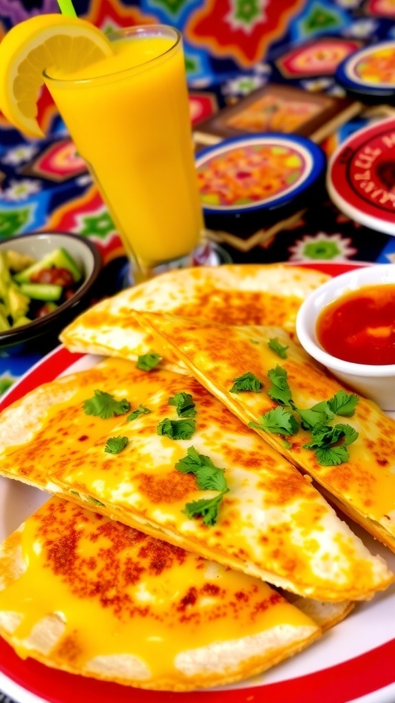 Cheesy chicken quesadillas with mango licuado, garnished with cilantro and served with salsa.